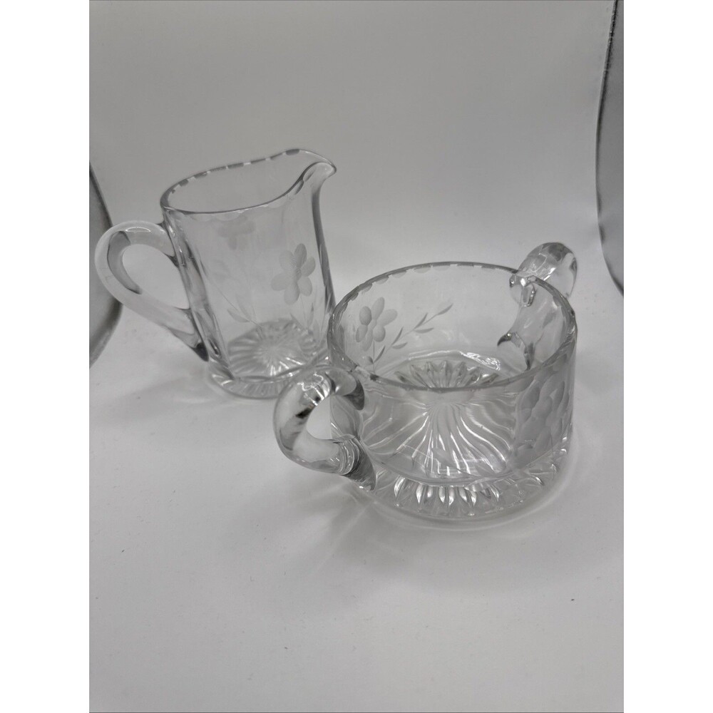 Vintage Clear Cut Glass Cream Pitcher and Sugar Bowl Set Glow Unders UV Light